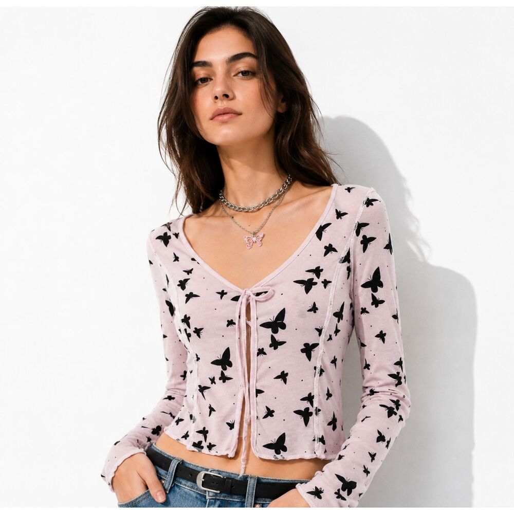 Y2K Sheer Butterfly Velvet Tie Front Bell Sleeve Fairy Grunge Crop Top Size L